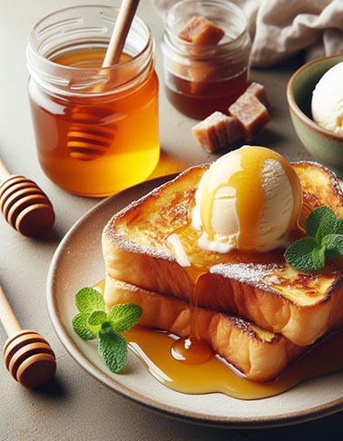 Una torrija con miel junto a un helado de vainilla. Y junto a un tarro de miel